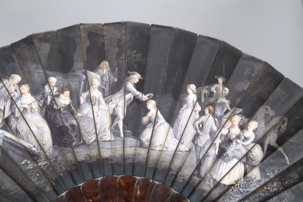 A Duvelleroy Paris tortoiseshell and painted silk fan, two feather fans and a morocco leather sewing box